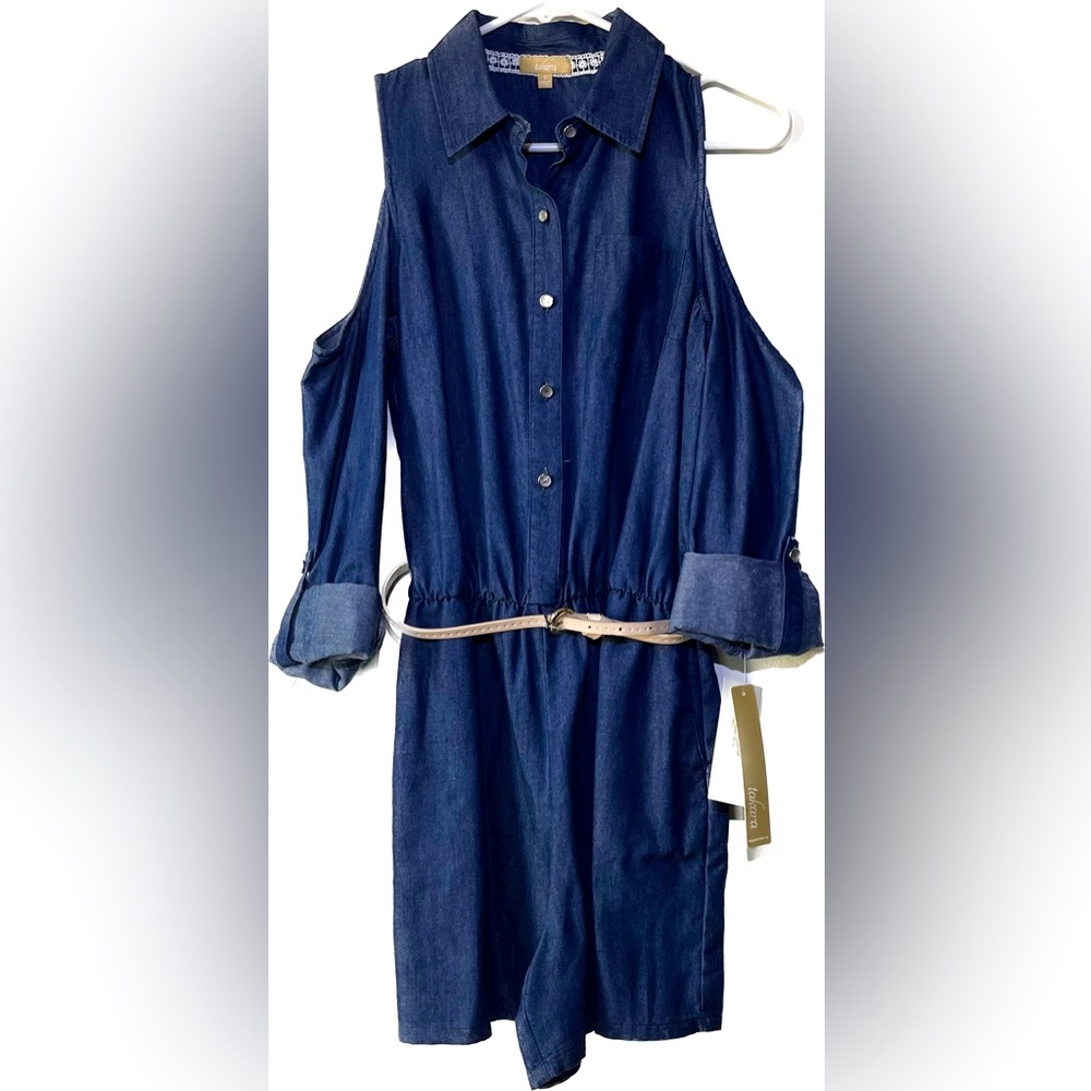 Takara Demin Collar Cutoff Shoulder Belted Romper | Small